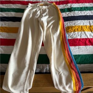 Aviator Nation Cream Track Pants with Yellow and Orange Label Accent